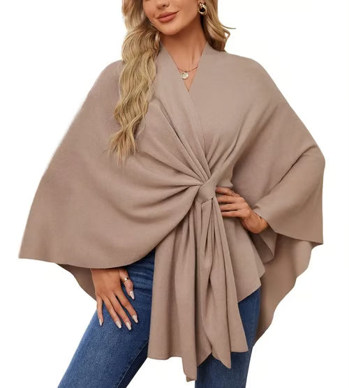 Autumn Women's Elegant Shawl Wraps Soft Open Front Poncho Sweater