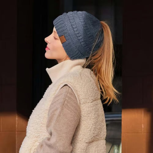 🎅Christmas Sale🎅Women's Ponytail Beanie – Chic & Cozy Cable Knit Hat for Fall and Winter, with Adjustable High Ponytail Opening
